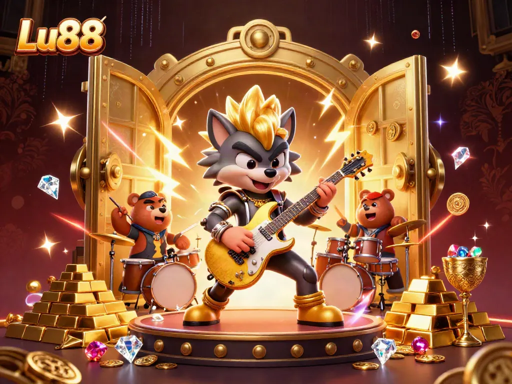 Experience the thrill with Lu88, as rocking characters illuminate a vibrant casino scene filled with treasures.