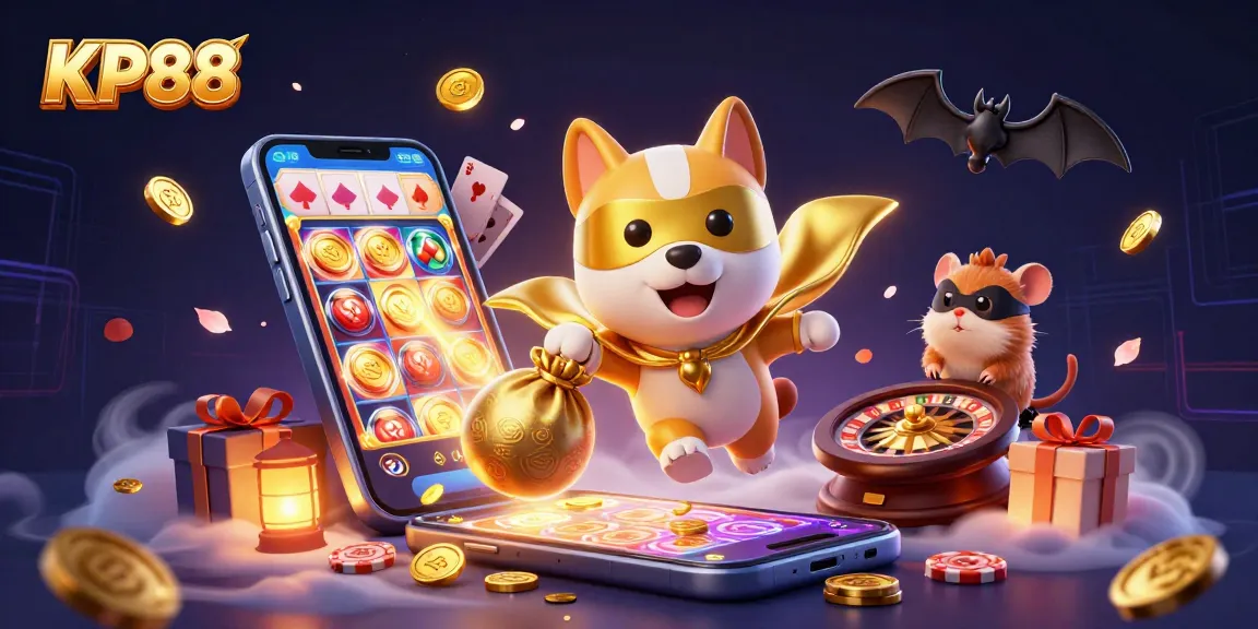Experience exciting gameplay at KP88 with a superhero dog and gold coins amidst thrilling casino elements.