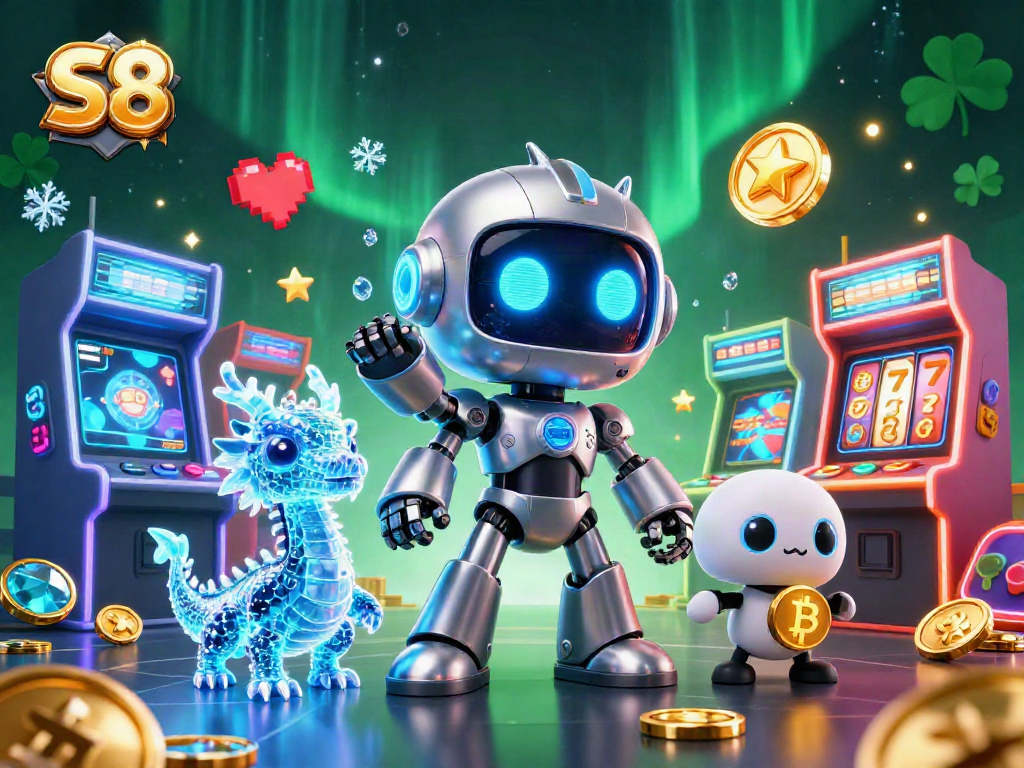S8 online casino gaming scene with a cyberpunk robot and cartoon characters enjoying vibrant slot machines and neon elements.