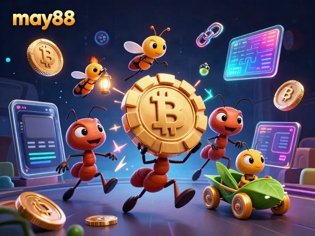 Join the ants in the may88 heist, navigating through a tunnel with giant chips and neon crypto coins.
