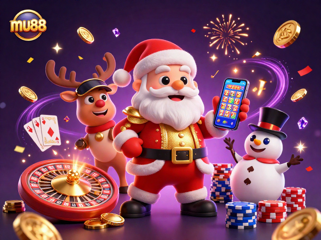 Win big with mu88 in a vibrant casino scene featuring Santa and festive characters!