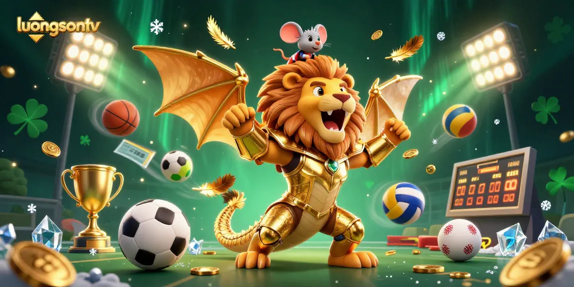 Experience the thrill of luongsontv with a captivating 3D scene featuring sports balls and golden accents.