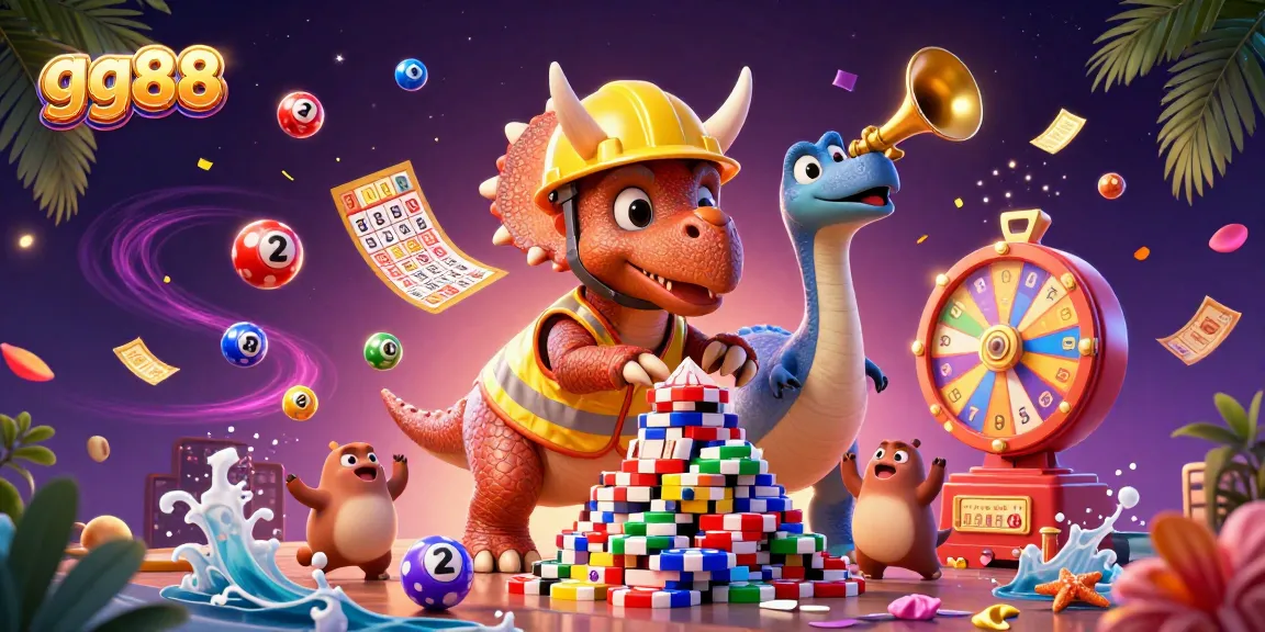 gg88 celebrates wins with joyful dinosaurs and vibrant casino elements in this colorful scene.