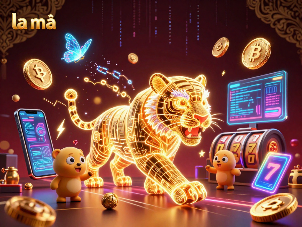 Engage with la mã's exciting casino scene featuring a glowing tiger among slot reels and crypto coins.