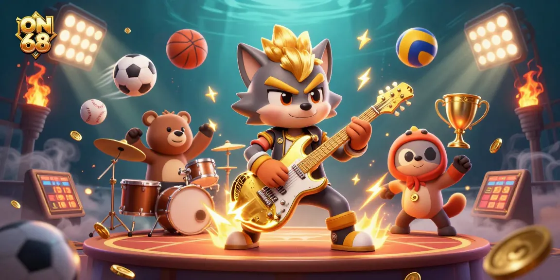 Watch a thrilling ON 68 gaming showdown featuring rock star wolf and drummer bear in a dynamic casino scene.