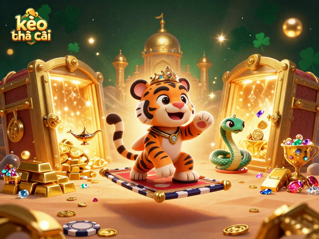 Experience the magic of kèo nhà cái with a vibrant 3D illustration featuring a tiger sultan and treasures.