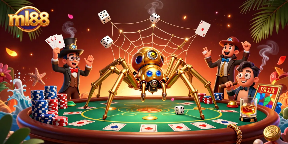 Experience the thrilling action at ml88 with a steampunk spider weaving golden gambling chains in a vibrant casino.