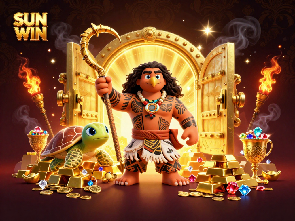 Experience winning thrills with SUN WIN, where a demigod and turtle unveil hidden treasures in an exciting casino backdrop.