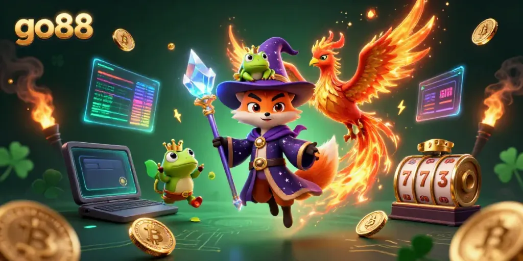 Go88 produces winning moments with the wizard fox, phoenix, and gambling icons in a dynamic 3D illustration.