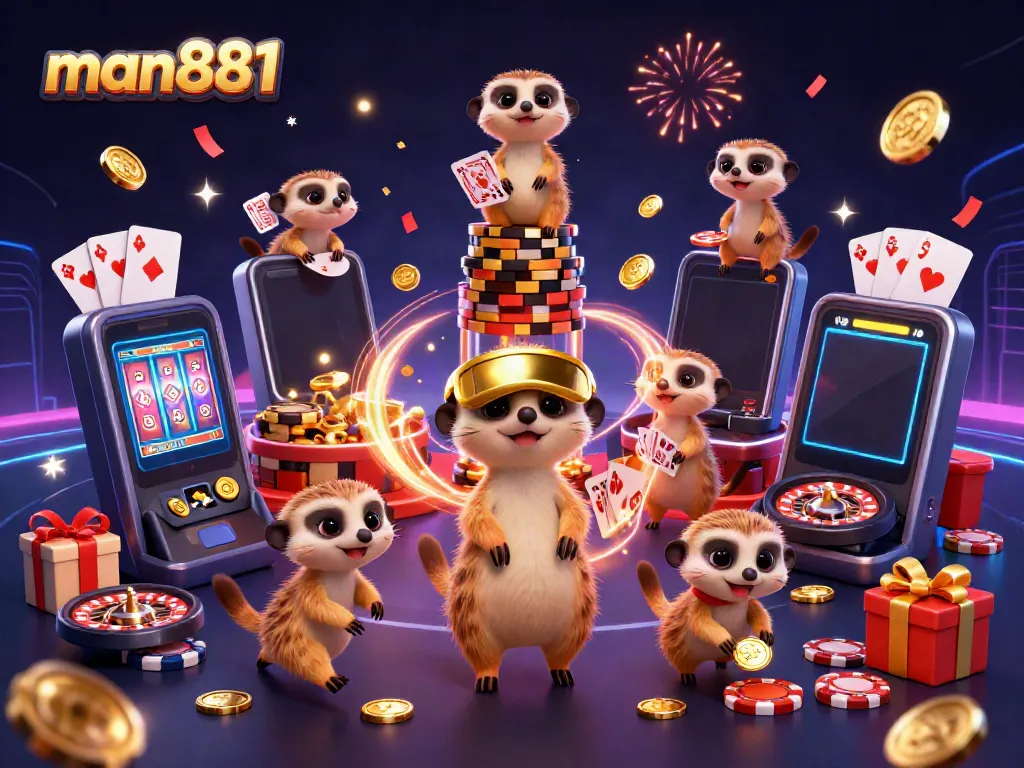 Experience thrilling gameplay at man881 with meerkats in a vibrant casino scene filled with games and rewarding elements.