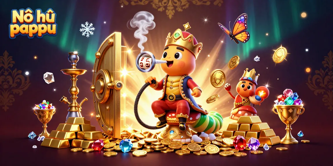 Nổ hũ pappu showcases a vibrant scene with a caterpillar hookah-master and golden treasure, symbolizing gaming excitement.