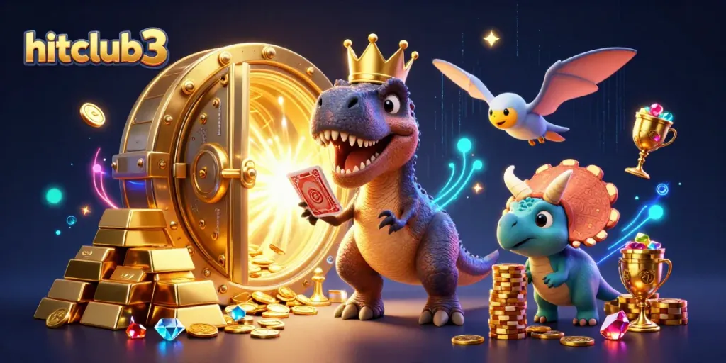 Engage with hitclub3 as T-Rex deals cards in a vibrant casino scene.