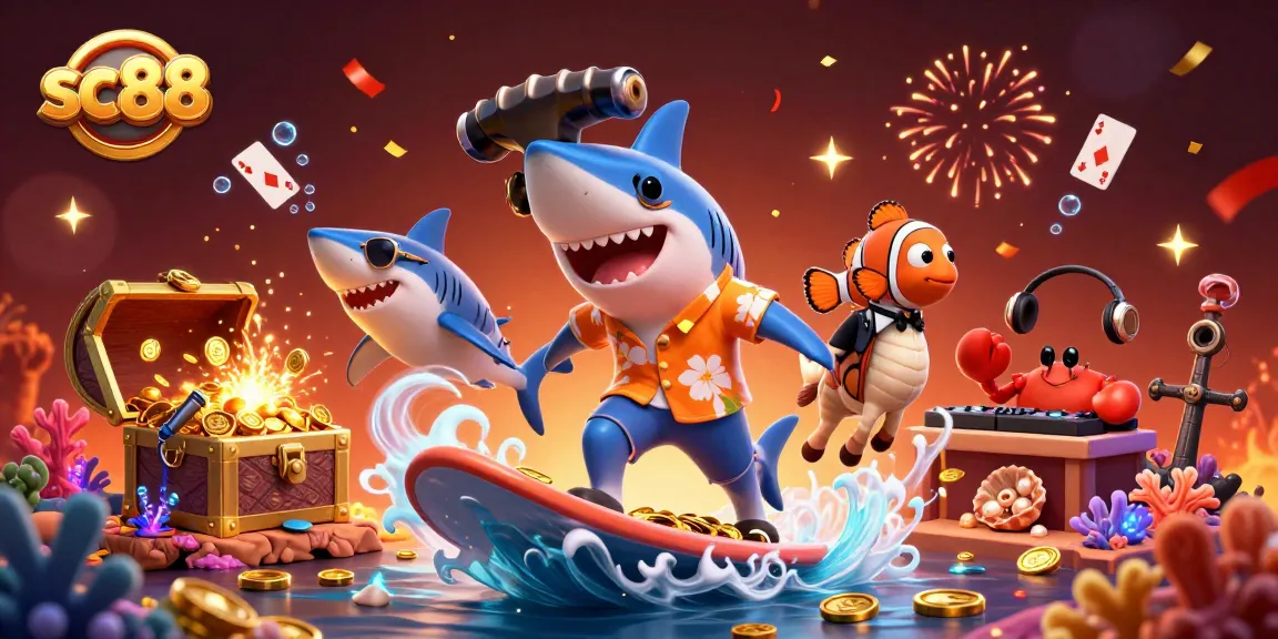 Experience sc88 with a vibrant underwater casino scene featuring playful characters and festive elements.
