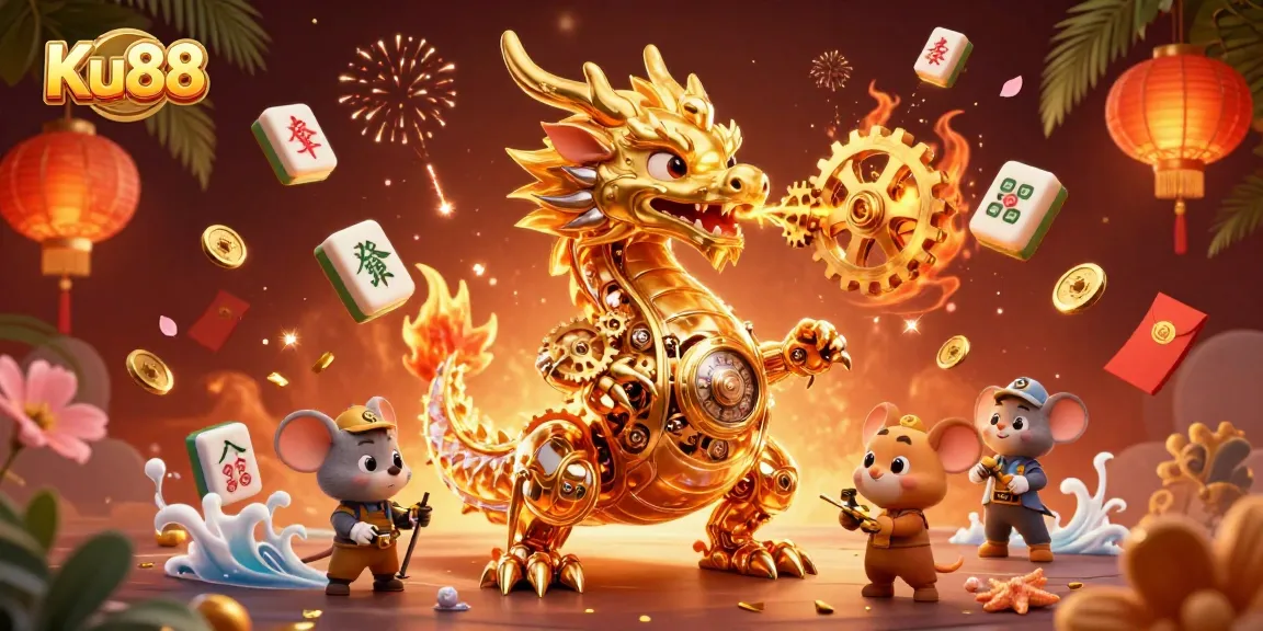Transform your gameplay with Ku88's immersive golden dragon and casino elements in a vibrant 3D scene.
