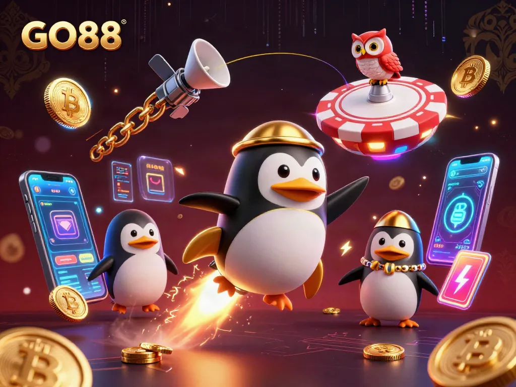 Experience GO88 gameplay with a thrilling rocket-powered penguin in a vibrant cosmic casino.