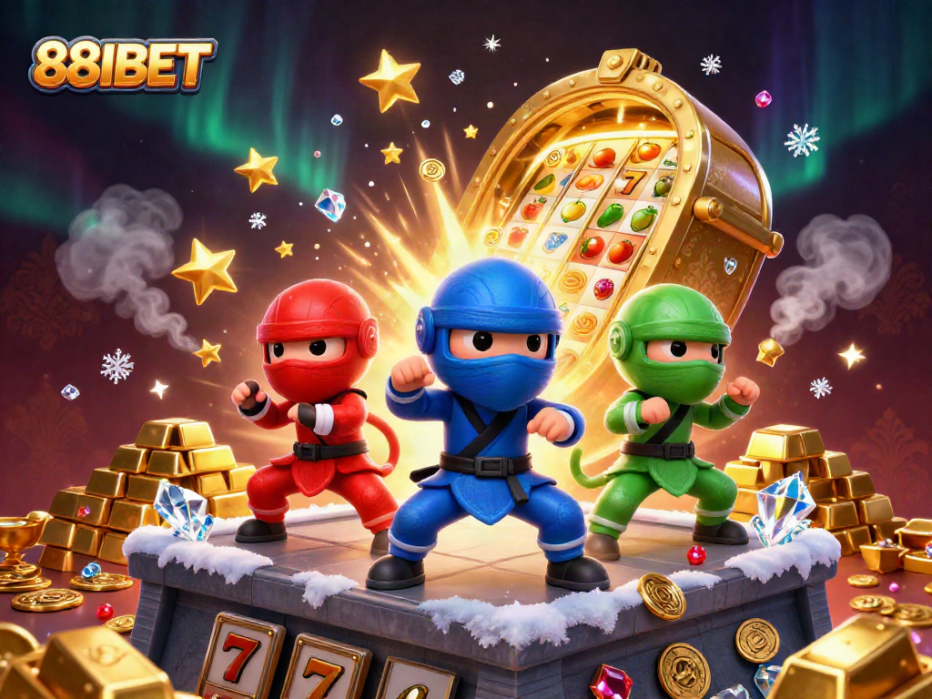 Win big with 88IBET at the thrilling casino scene featuring vibrant chameleons and golden treasures.