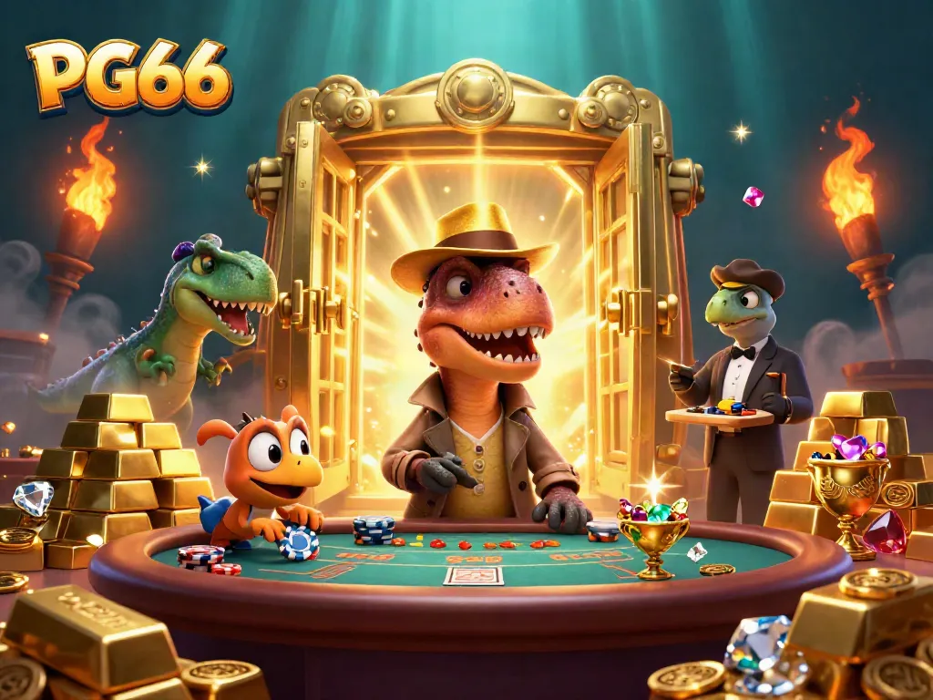 Join the excitement at PG66 with a velociraptor card counter and a stegosaurus pit boss in a vibrant casino scene.