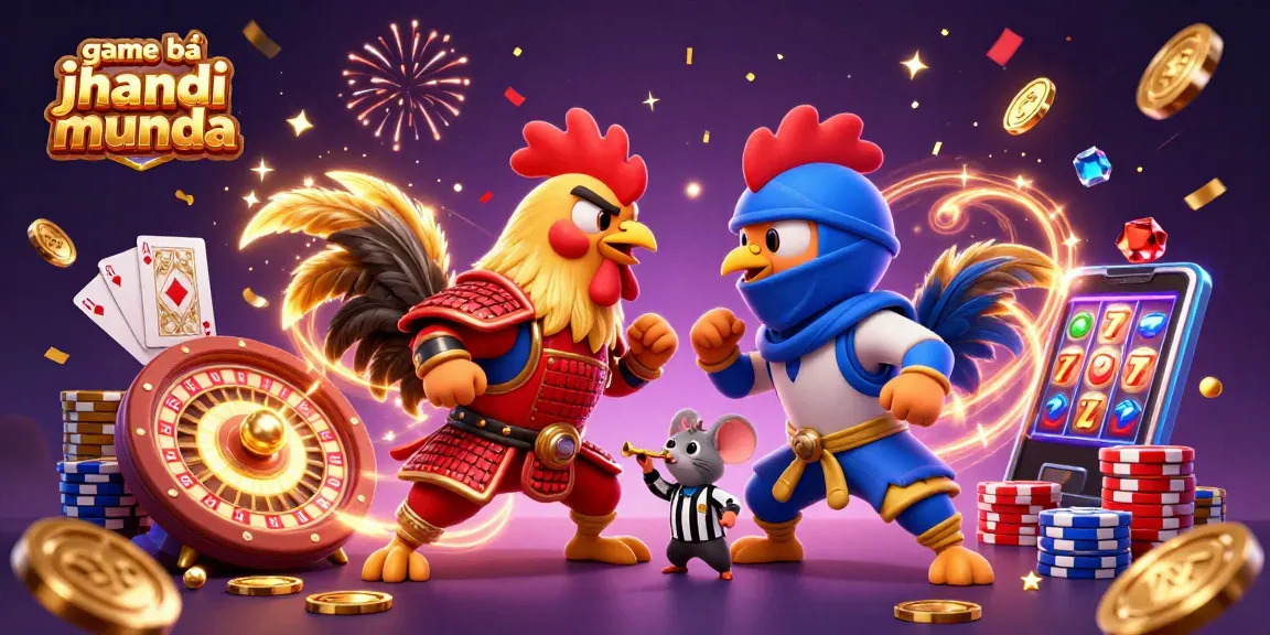 Engage with game bài jhandi munda through an exciting battle between roosters amidst vibrant casino elements.