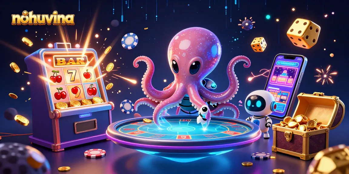 Nohuvina casino illustration featuring an alien octopus at a floating poker table with dynamic casino elements