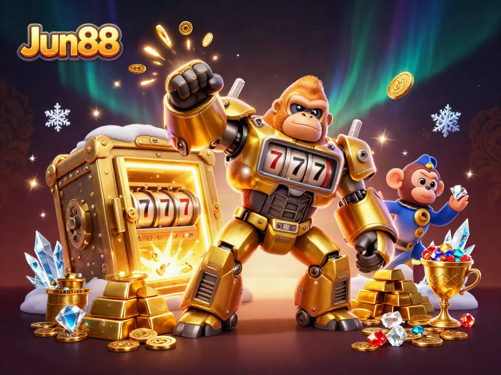 Engage in thrilling gameplay with Jun88's dynamic golden gorilla mech surrounded by treasure elements.
