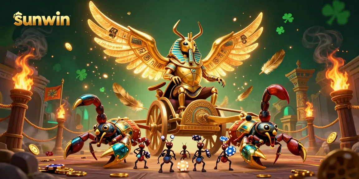 Engage with sunwin's thrilling casino experience, featuring a golden scarab beetle and scorpions amidst vibrant game elements.