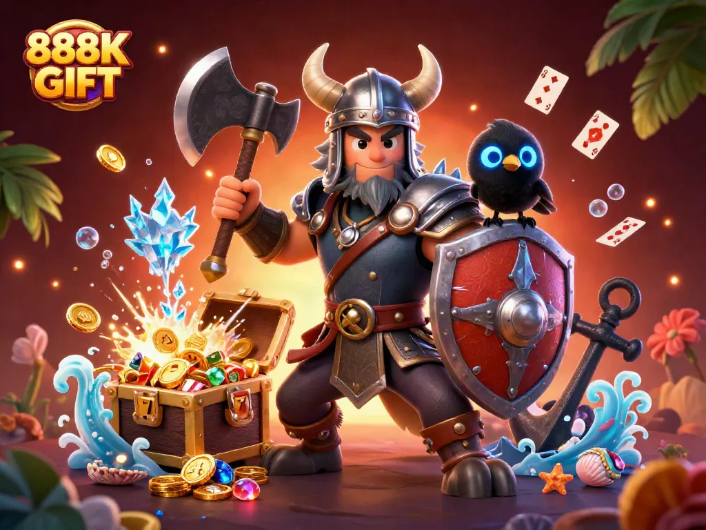 Engage with 888K GIFT in this vibrant 3D casino scene featuring a Viking wolf, dragon, and raven amidst rich treasures.