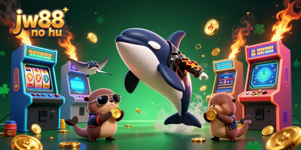 Engage in the excitement of jw88 no hu with a playful scene of characters, colorful games, and golden coins.