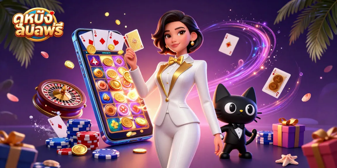 Experience ดูหนังออนไลน์ฟรี with exciting casino elements, capturing a glamorous woman and a black cat.