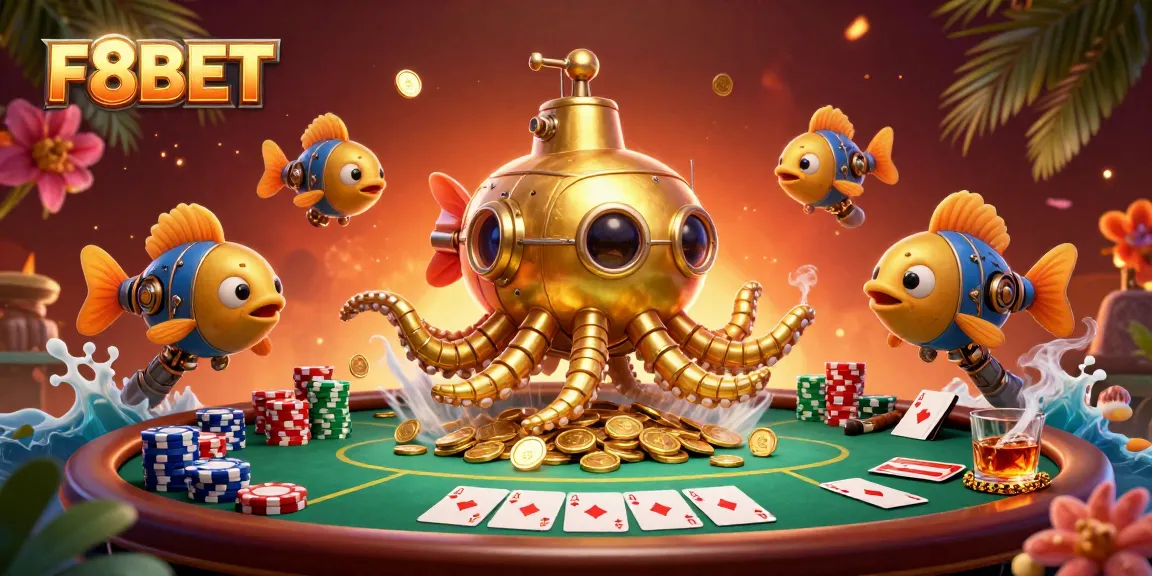 Join the excitement of F8BET with this dynamic illustration featuring a golden kraken and poker elements.