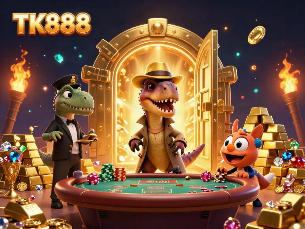Experience thrilling gaming action with TK888, as a velociraptor plays cards amidst a dazzling casino scene full of treasures.