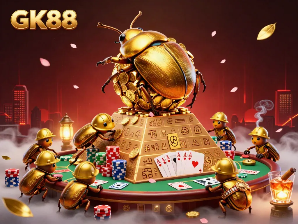 Experience exciting GK88 adventures with a golden beetle symbolizing casino riches and games.