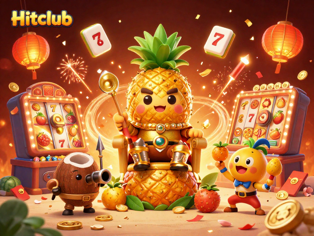 Experience thrilling gameplay at Hitclub featuring a vibrant casino scene with a golden pineapple king and more.