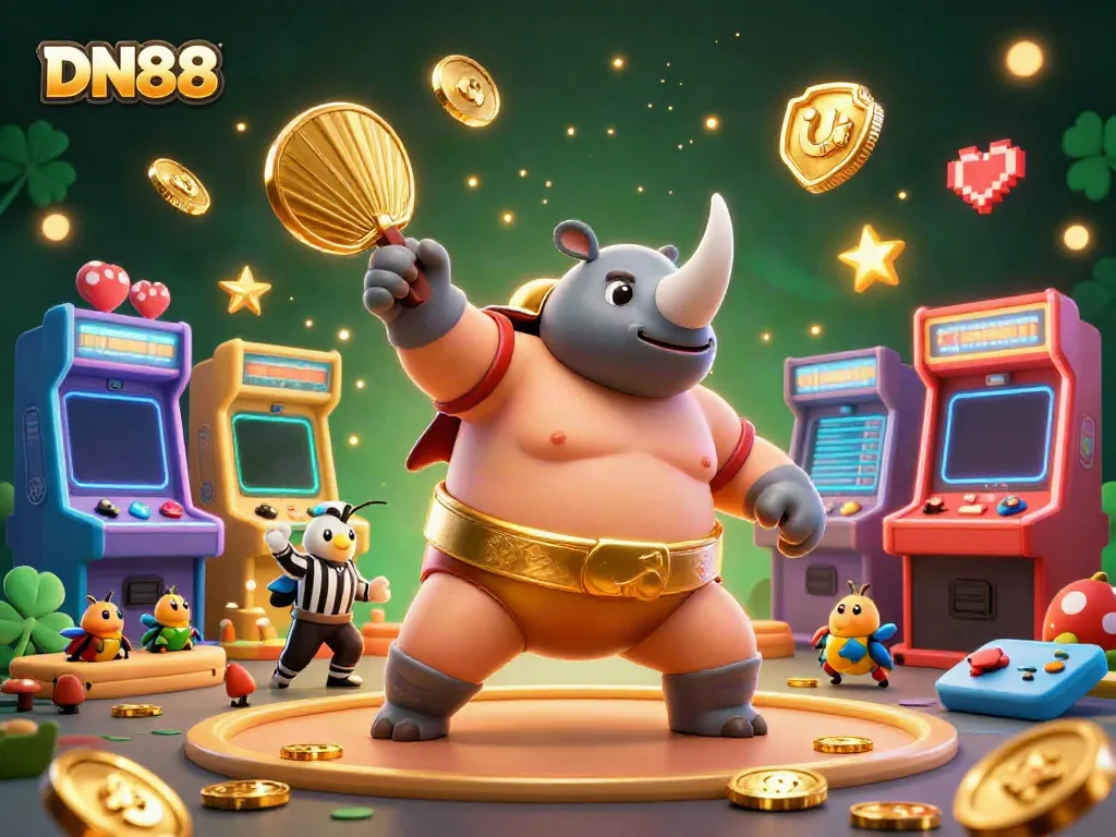 Experience the excitement of DN88 as a beetle champion triumphantly sends coins flying in a vibrant casino world.