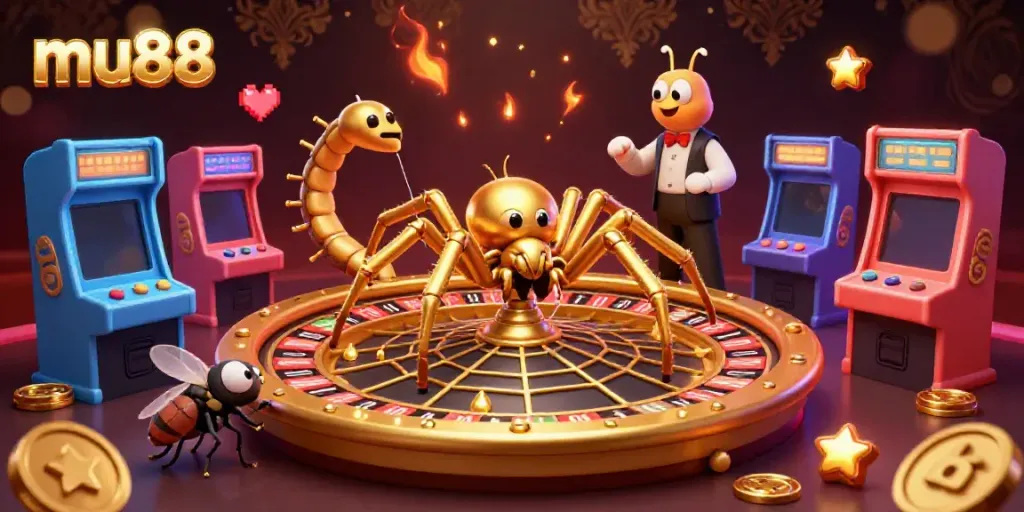 Experience an exhilarating bet at mu88's roulette with a golden spider and gaming machines.