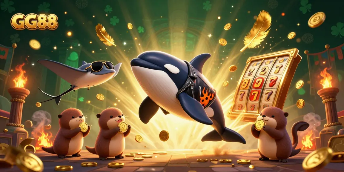 Engage with GG88 casino's thrilling slots featuring an orca, stingray, and otters in an exciting underwater scene.