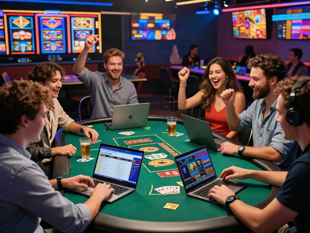 Friends celebrating a win on 9bet with vibrant gaming graphics