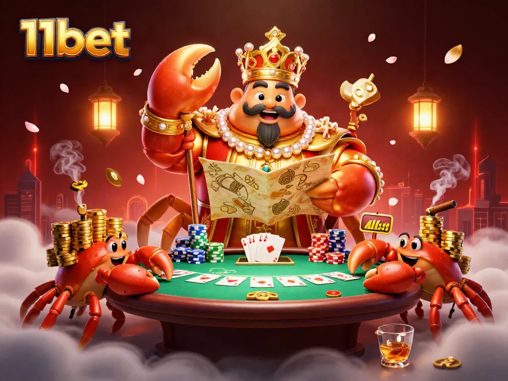 Engage in thrilling bets with 11bet's intense casino fantasy scene featuring a golden crab emperor and poker elements.
