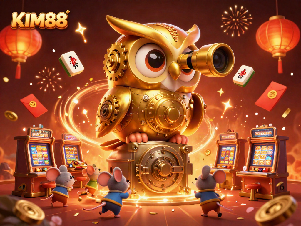 KIM88 offers a vibrant casino scene featuring an animated golden owl amidst charming gaming elements.