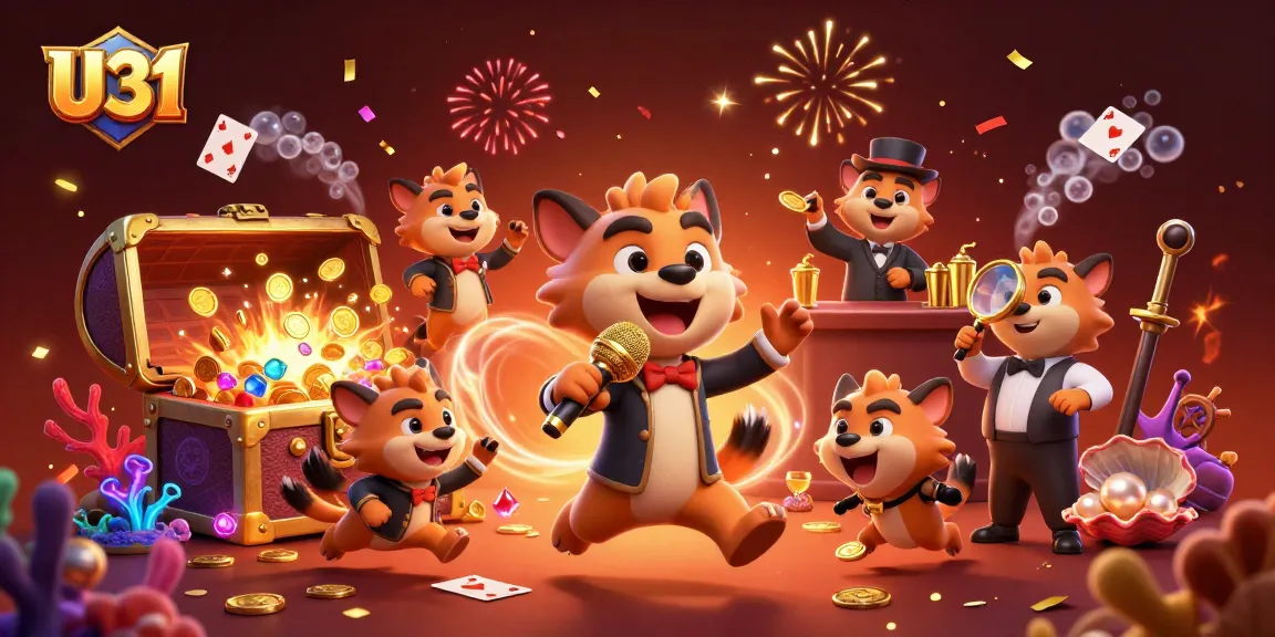 Exciting U31 hyena casino scene with comedian, bartender, and bouncer, surrounded by treasure and playing cards.