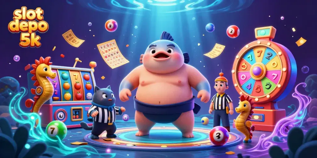 Experience excitement with slot depo 5k as colorful characters engage in dynamic slot action in an underwater casino.