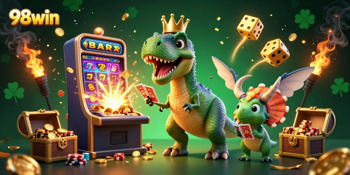 Join the fun at 98win as a friendly T-Rex shuffles cards amidst a jackpot explosion of coins.