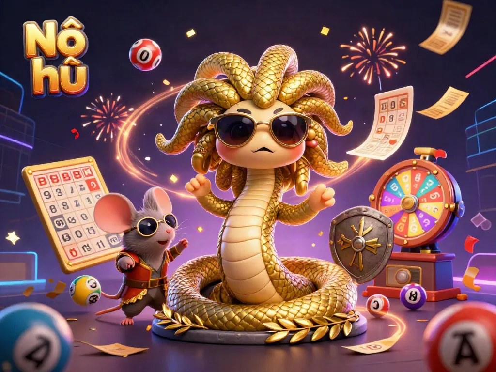 Engage with Nổ hũ gaming, featuring Medusa and a warrior mouse in a vibrant casino-themed illustration.