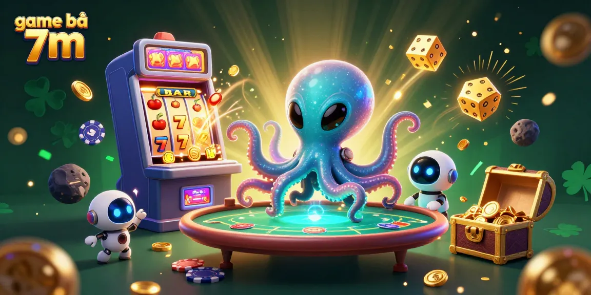 Engage in exciting game bài 7m action with an alien octopus dealing cards at a holographic poker table.