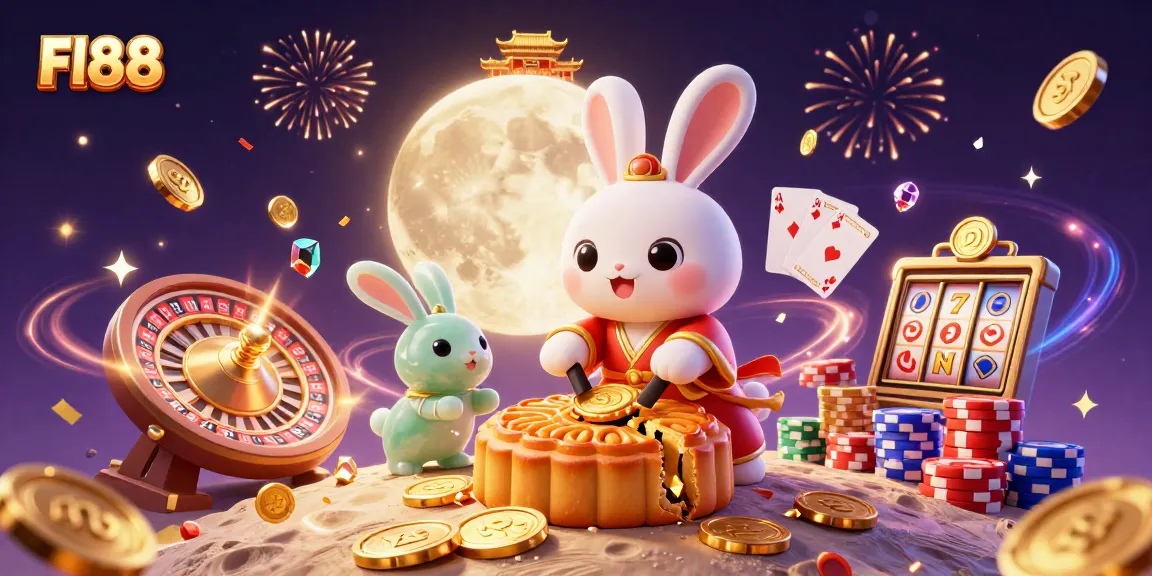 Experience Fl88's magical casino scene with a moon rabbit revealing poker chips amidst cascading gold and jewels.