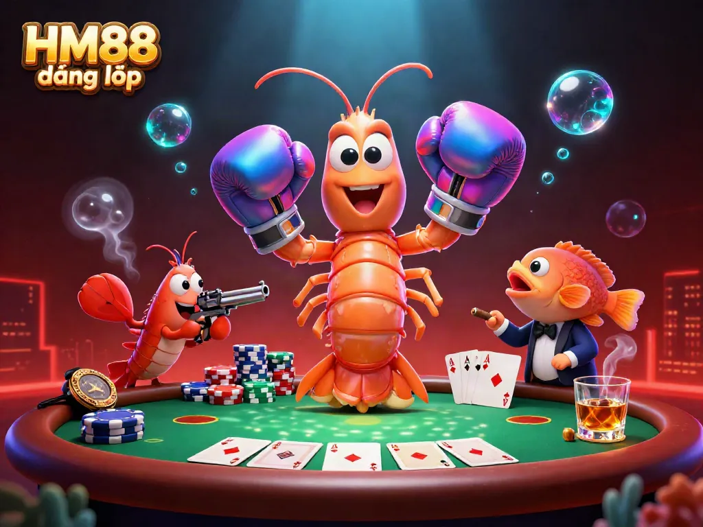 Experience HM88 đăng nhập with vibrant 3D illustration of a mantis shrimp in boxing gloves at a poker table.
