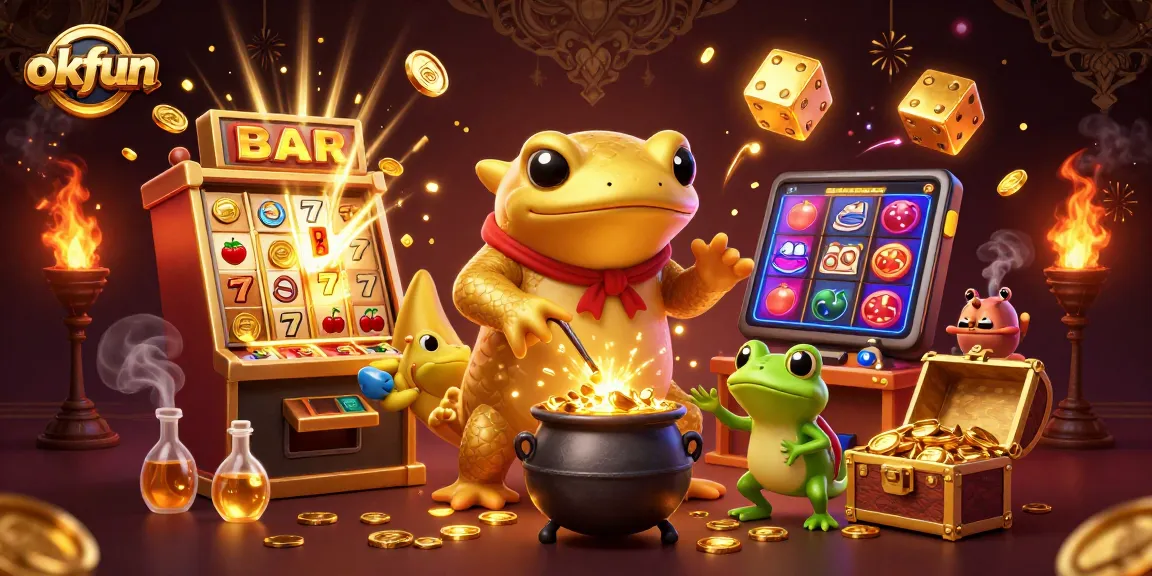 Engage with okfun's thrilling gaming world featuring a giant salamander alchemist transforming metals into gold.