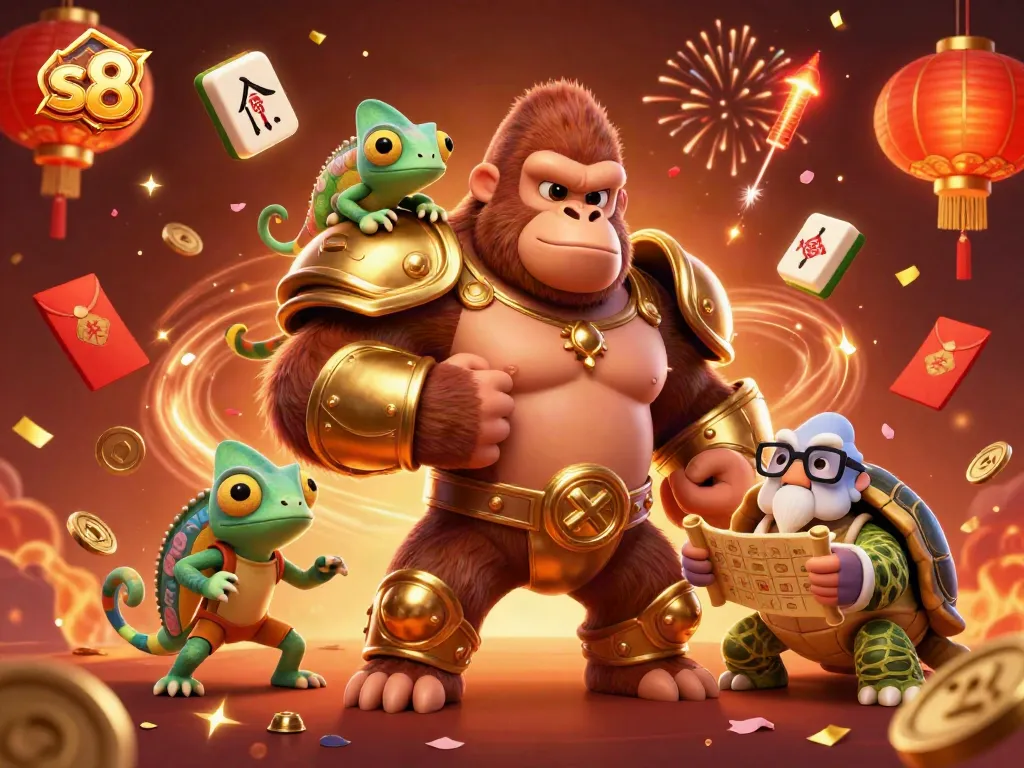 Engage in exciting gambling with S8 at a vibrant online casino featuring a dynamic celebration scene.