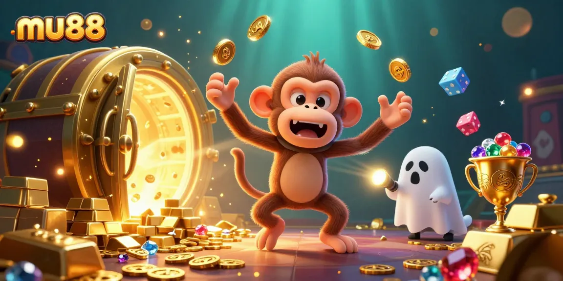 Spin to win with mu88 in an ultra-detailed haunted casino scene featuring playful characters.
