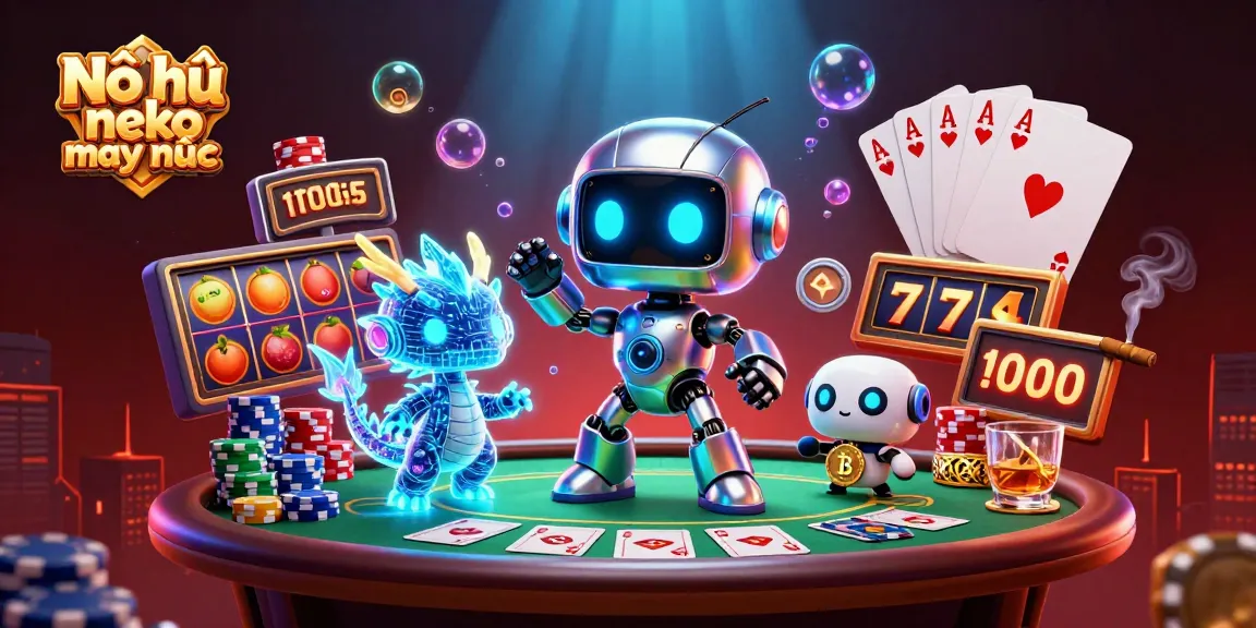 Spin to win at Nổ hũ neko may mắn with vibrant characters and slot games amid a bustling casino atmosphere.