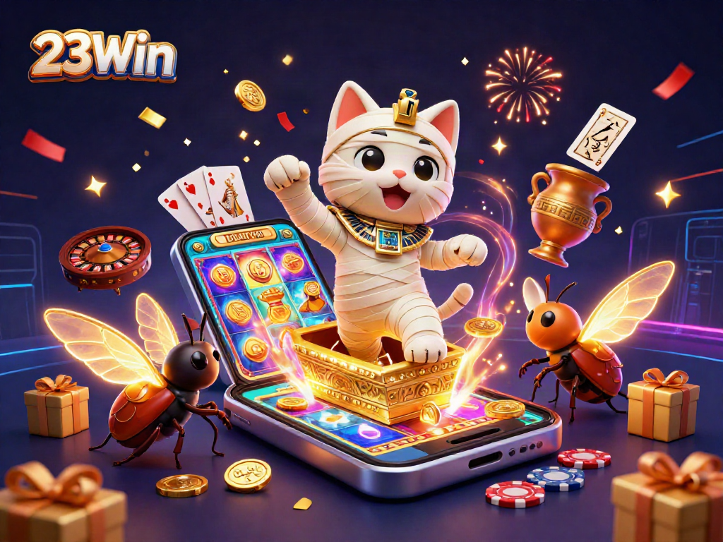 Experience thrilling gaming with 23Win in a vibrant 3D casino scene featuring a lively mummy cat.